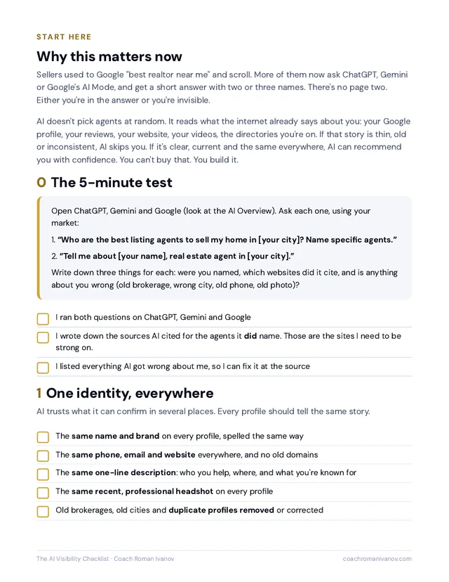 Page two: the 5-minute AI test and the one-identity checklist